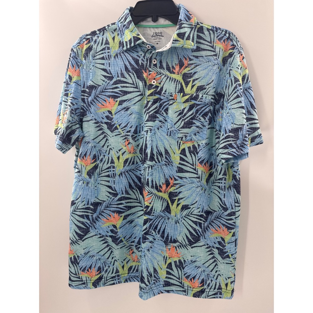 IZOD Saltwater Men Blue Tropical Bird of Paradise Palm Polo Shirt Medium